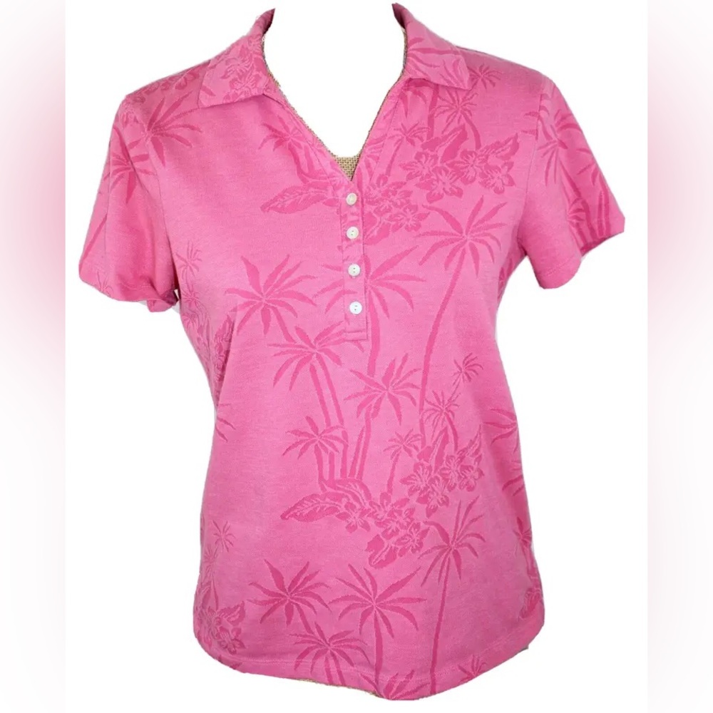 Caribbean Pink Palm-Print Polo Blouse